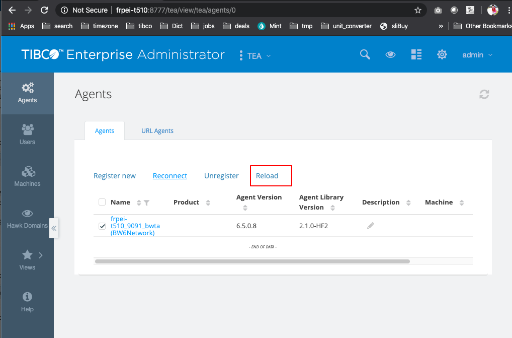 Screen shot of Tibco Enterprise Administrator software.