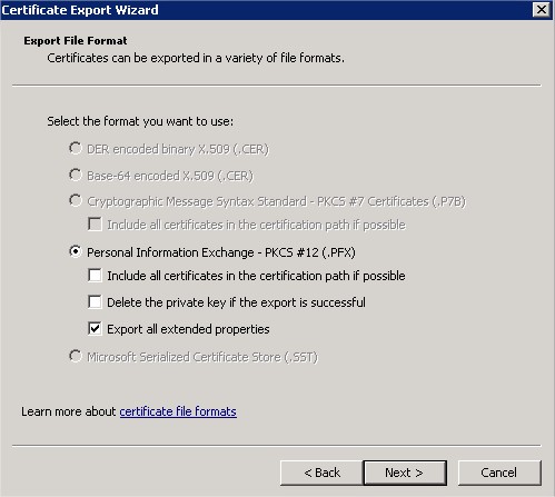 Exporting a certificate with "All extended properties"